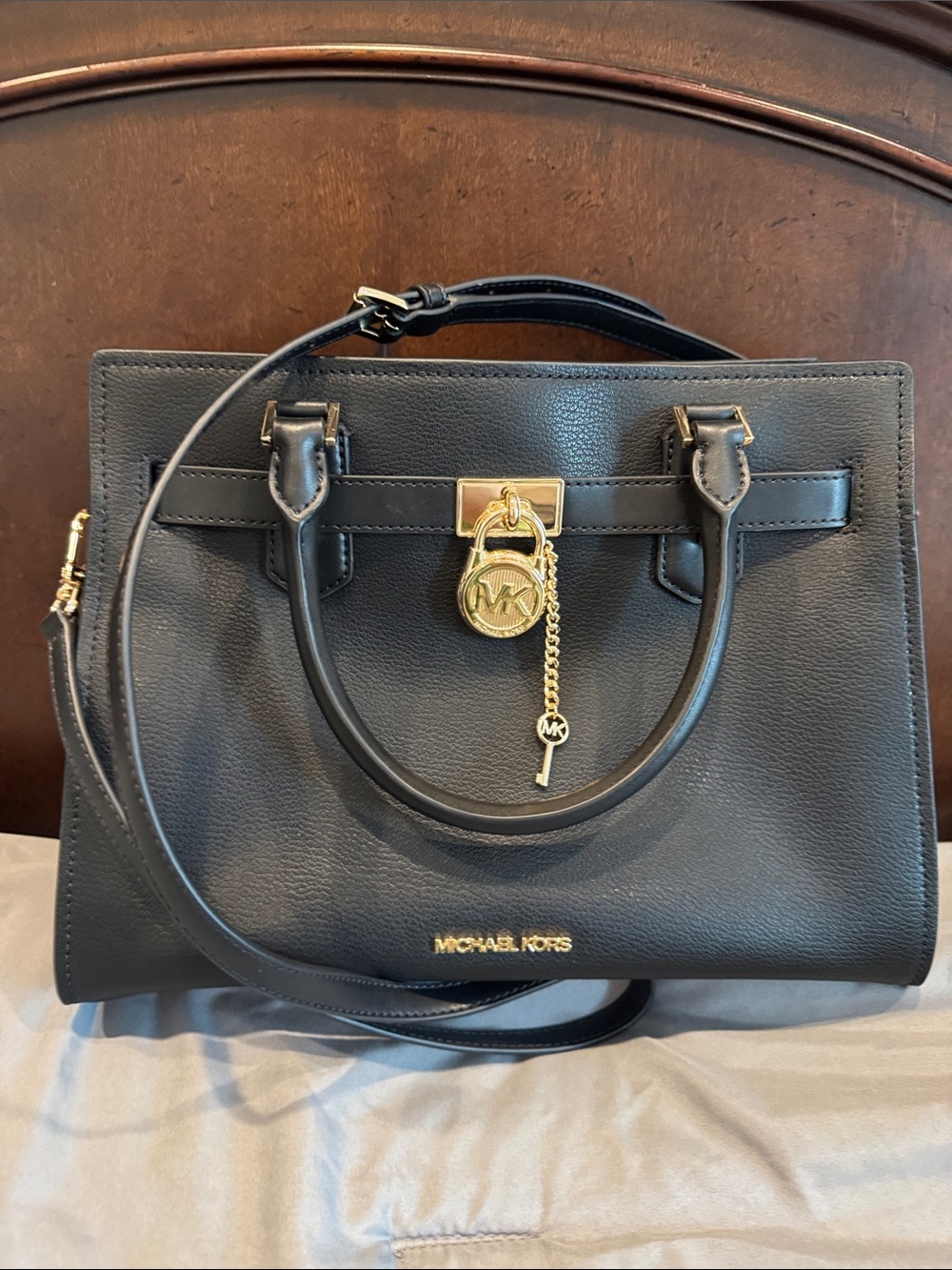 Michael Kors Black Leather Satchel with Gold Charm